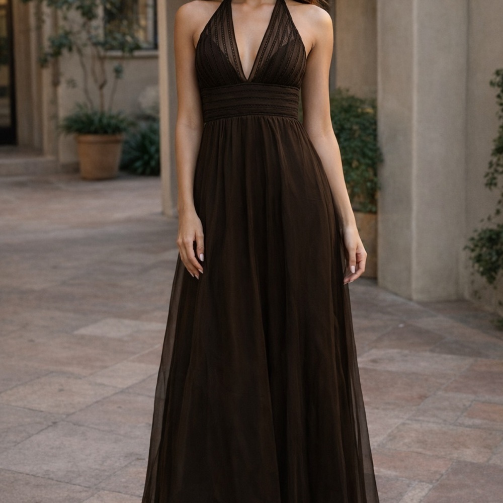 VTG Y2K BGBG Maxazria Maxi Dress Womenβs 2 Silk Brown Chiffon Babydoll Halter